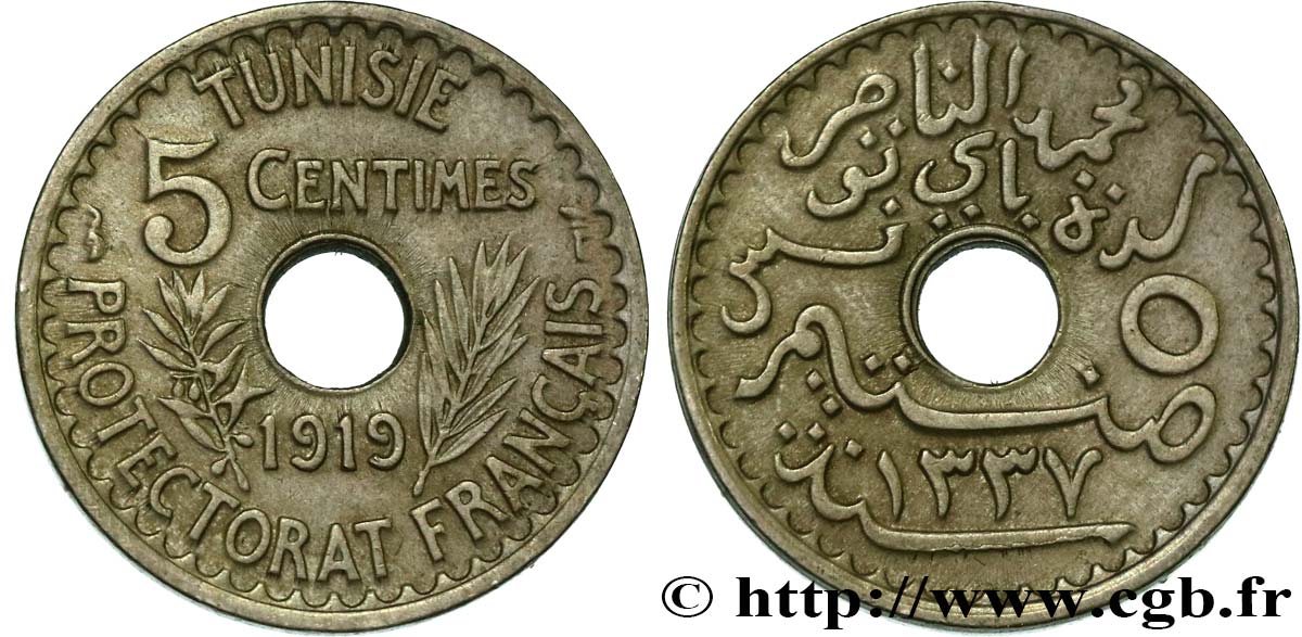 TUNEZ - Protectorado Frances 5 Centimes AH 1337 1919 Paris EBC 
