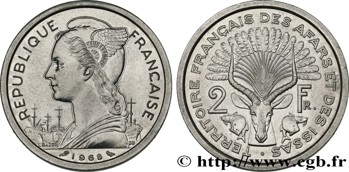 YIBUTI - Territorio Francés de los Afars e Issas 2 Francs 1968 Paris SC 