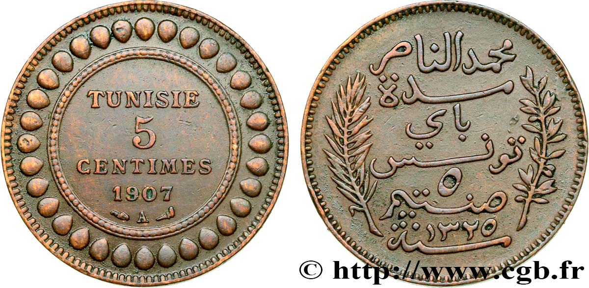 TUNISIE - PROTECTORAT FRANÇAIS 5 Centimes AH1325 1907 Paris TTB 