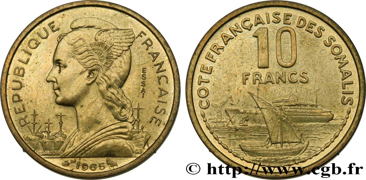 FRANZÖSISCHE SOMALILAND Essai de 10 Francs Marianne / port 1965 Paris fST 