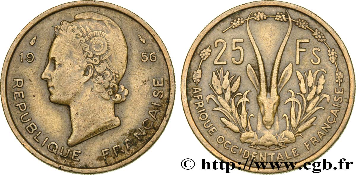 FRANZÖSISCHE WESTAFRIKA 25 Francs 1956 Paris SS 