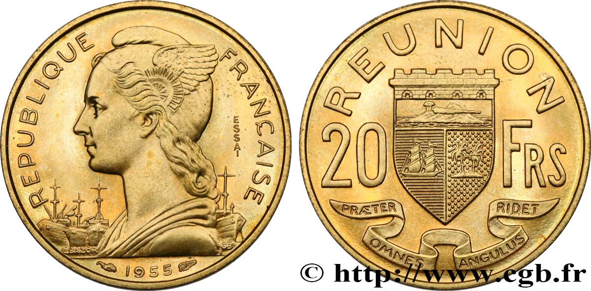 ISLA DE LA REUNIóN Essai de 20 Francs Marianne / armes 1955 Paris SC 