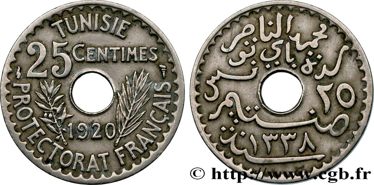 TUNEZ - Protectorado Frances 25 Centimes AH1338 1920 Paris MBC 