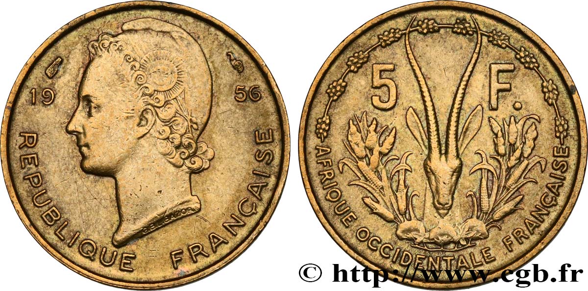 AFRICA FRANCESA DEL OESTE 5 Francs Marianne / antilope 1956 Paris MBC 