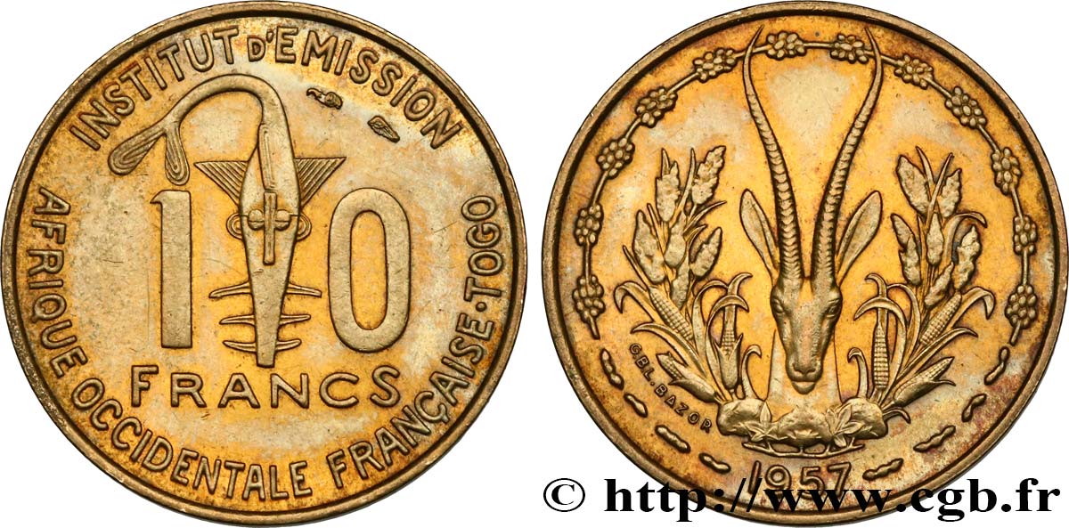 FRENCH WEST AFRICA - TOGO 10 Francs masque / antilope 1957 Paris AU 