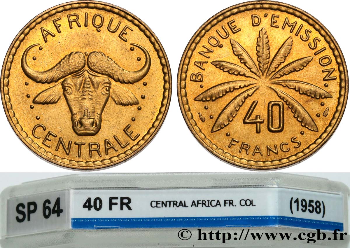 CENTRAL AFRICA Épreuve de 40 Francs de George Lay 1958 Paris MS64 GENI