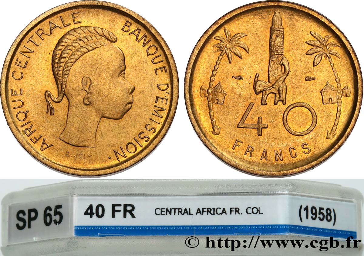 CENTRAL AFRICA Épreuve de 40 Francs de Joly Banque d’Émission de l’Afrique Centrale 1958 Paris MS65 GENI