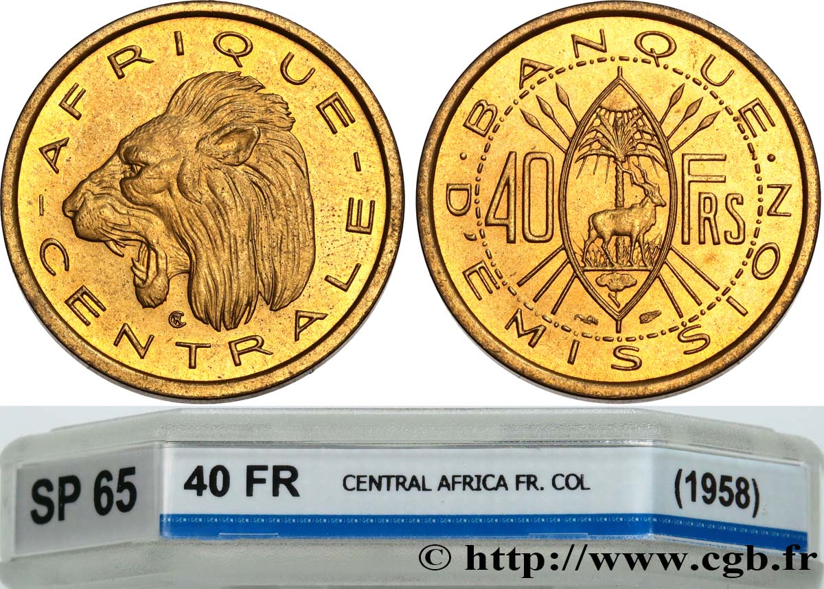 CENTRAL AFRICA Épreuve de 40 Francs de R. Cochet 1958 Paris MS65 GENI