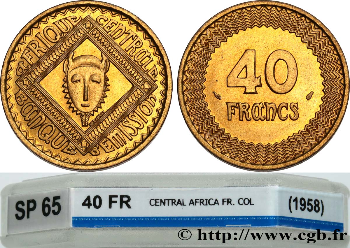 CENTRAL AFRICA Épreuve de 40 Francs de Delannoy 1958 Paris MS65 GENI