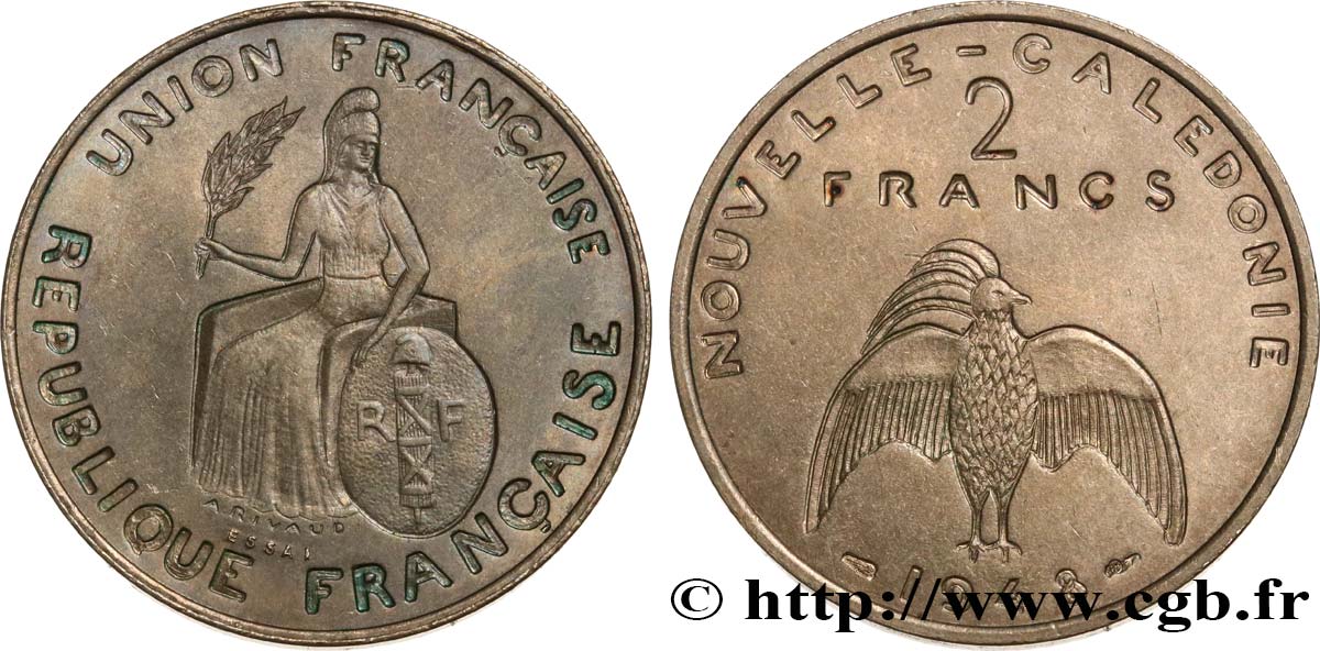 NUEVA CALEDONIA Essai de 2 Francs avec listel en relief 1948 Paris SC 