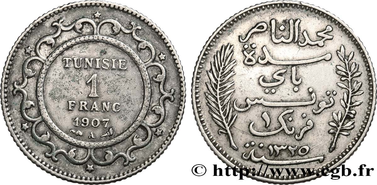TUNISIA - Protettorato Francese 1 Franc AH 1325 1907 Paris BB 