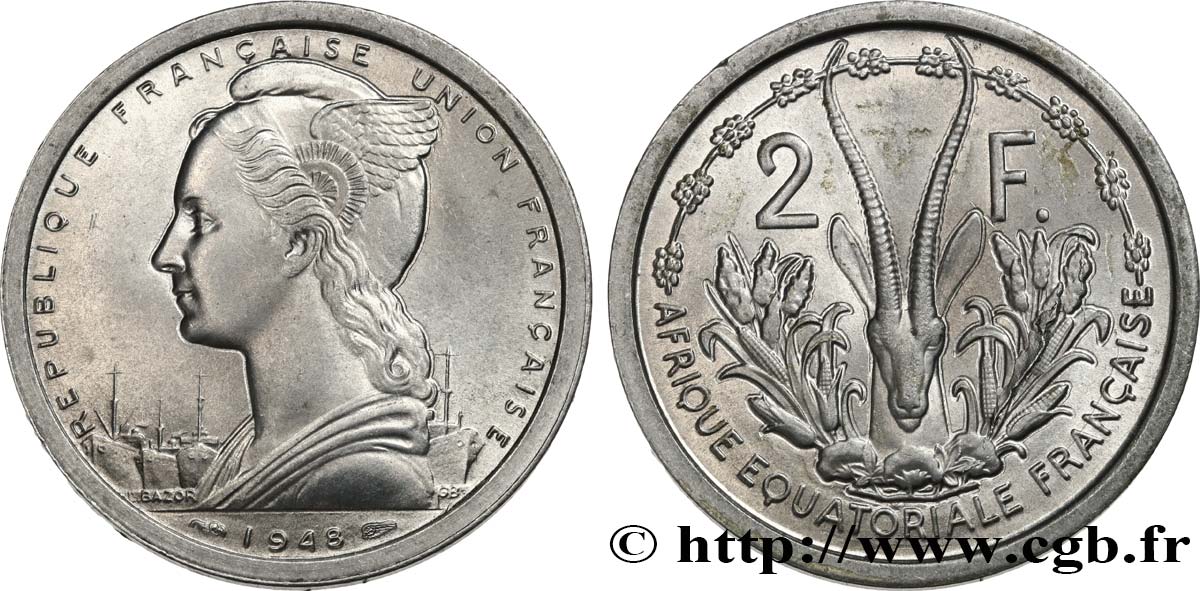 FRANZÖSISCHE EQUATORIAL AFRICA - FRANZÖSISCHE UNION 2 Francs 1948 Paris fST 