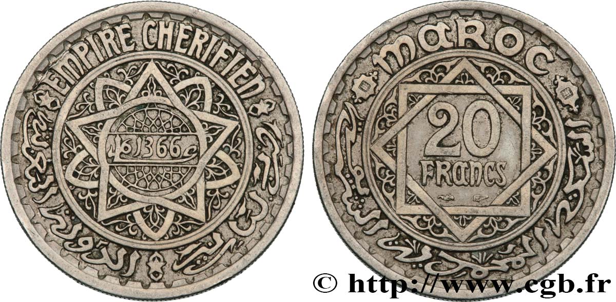 MARUECOS - PROTECTORADO FRANCÉS 20 Francs AH 1366 1947 Paris MBC 