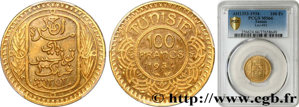 TUNISIA - Protettorato Francese 100 Francs or frappée au nom du Bey Ahmed 1934 Paris FDC66 PCGS