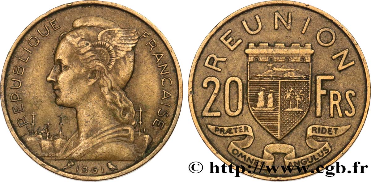 ÎLE DE LA RÉUNION 20 Francs 1961 Paris TB+ 