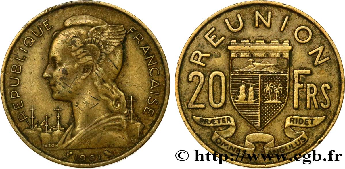 REUNION ISLAND 20 Francs 1961 Paris VF 