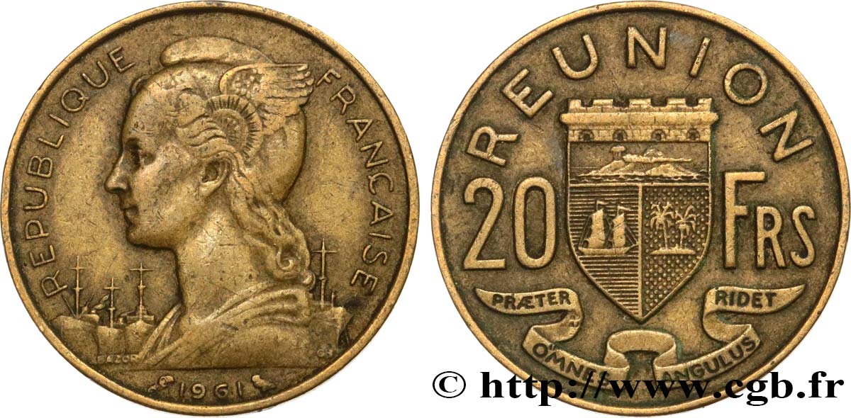 REUNION ISLAND 20 Francs 1961 Paris VF 