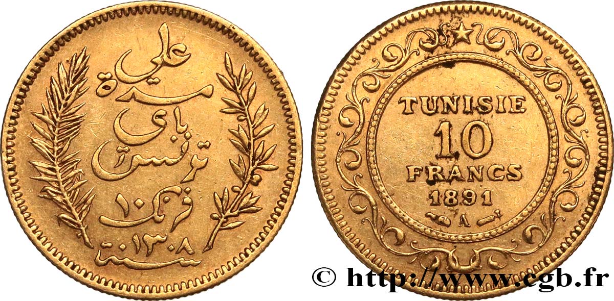 TUNESIEN - Französische Protektorate  10 Francs or Bey Ali AH 1308 1891 Paris SS 