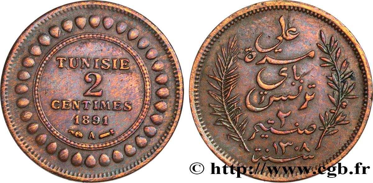TUNISIE - PROTECTORAT FRANÇAIS 2 Centimes AH1308 1891  TTB 