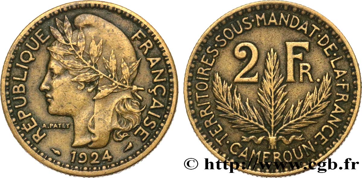 CAMEROUN - TERRITOIRES SOUS MANDAT FRANÇAIS 2 Francs 1924 Paris TTB+ 