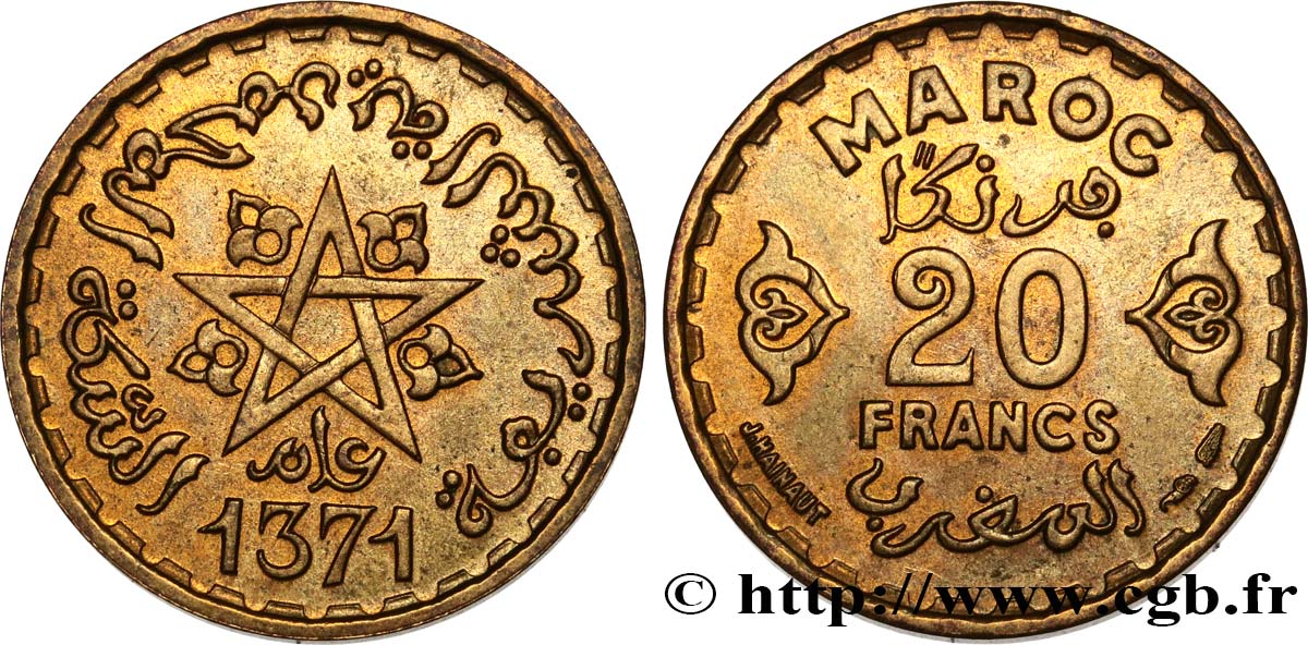 MOROCCO - FRENCH PROTECTORATE 20 Francs AH 1371 1952 Paris AU 