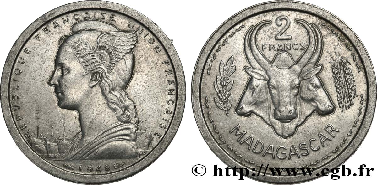 MADAGASCAR - UNION FRANCESE 2 Francs 1948 Paris SPL 