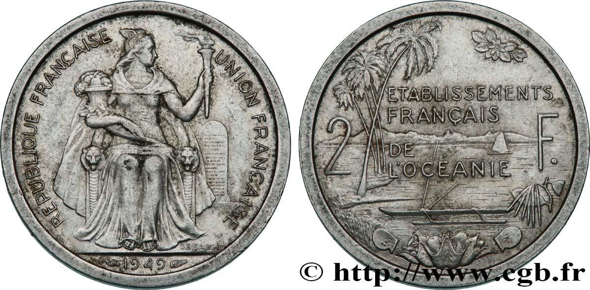 FRENCH POLYNESIA - Oceania Francesa 2 Francs Union Française 1949 Paris MBC+ 