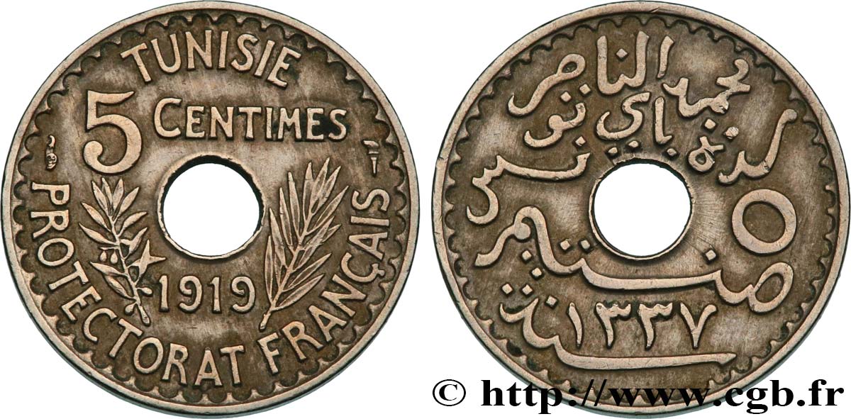 TUNISIA - Protettorato Francese 5 Centimes AH 1337 1919 Paris BB 