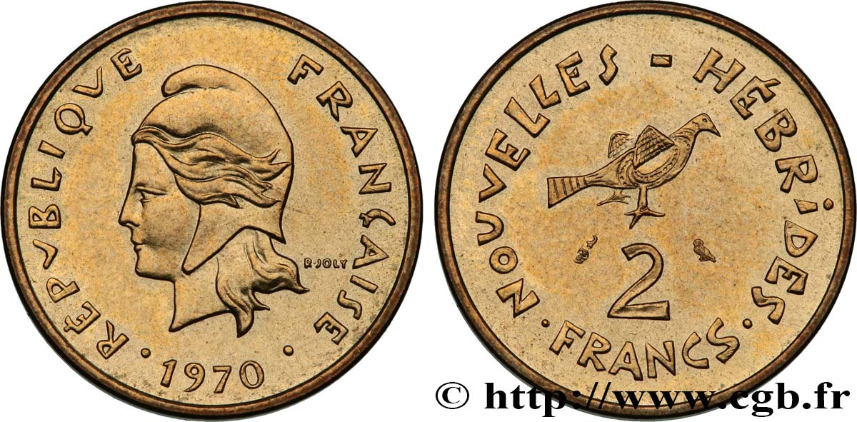 NEUE HEBRIDEN (VANUATU ab 1980) 2 Francs Marianne / oiseau 1970 Paris VZ 