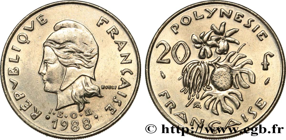 FRENCH POLYNESIA 20 Francs I.E.O.M Marianne  1988 Paris AU 