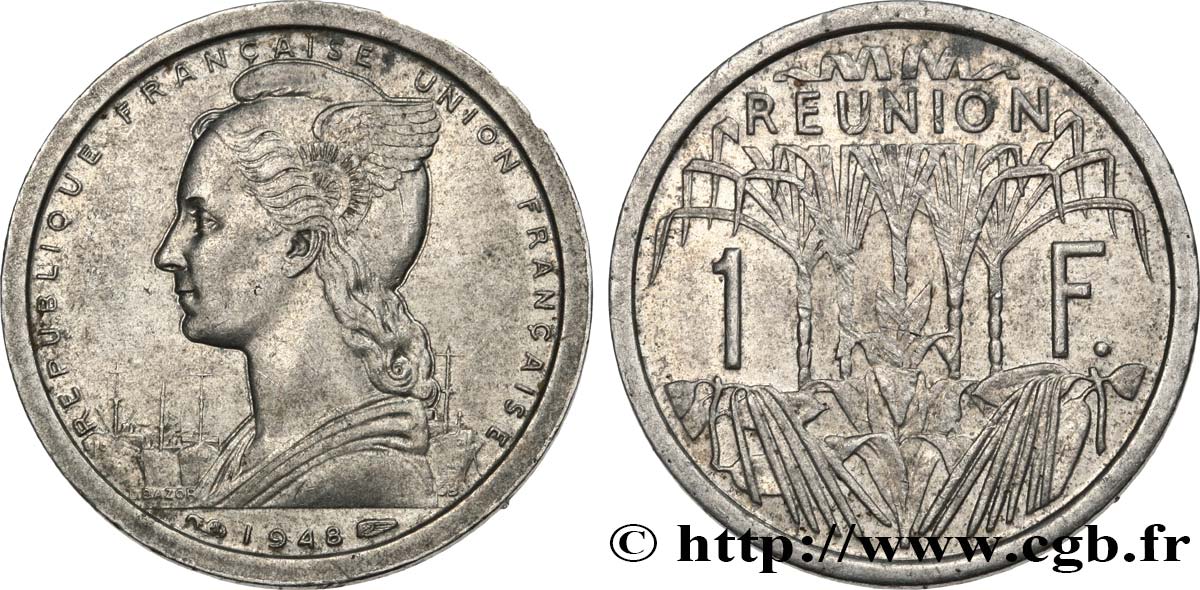 REUNION French Union  1 Franc 1948 Monnaie de Paris AU 