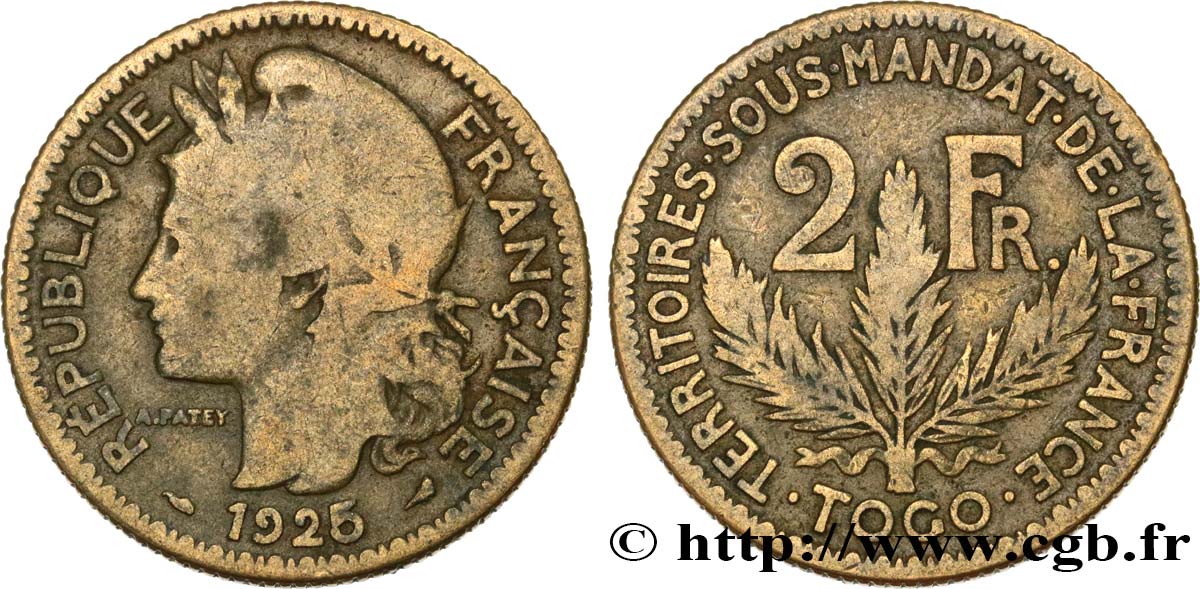 TOGO - MANDATO FRANCESE 2 Francs 1925 Paris MB 