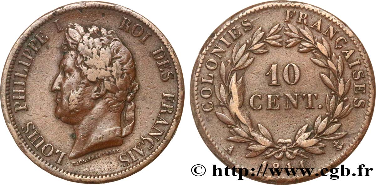 COLONIE FRANCESI - Luigi Filippo, per Guadalupa 10 Centimes 1841 Paris q.BB 