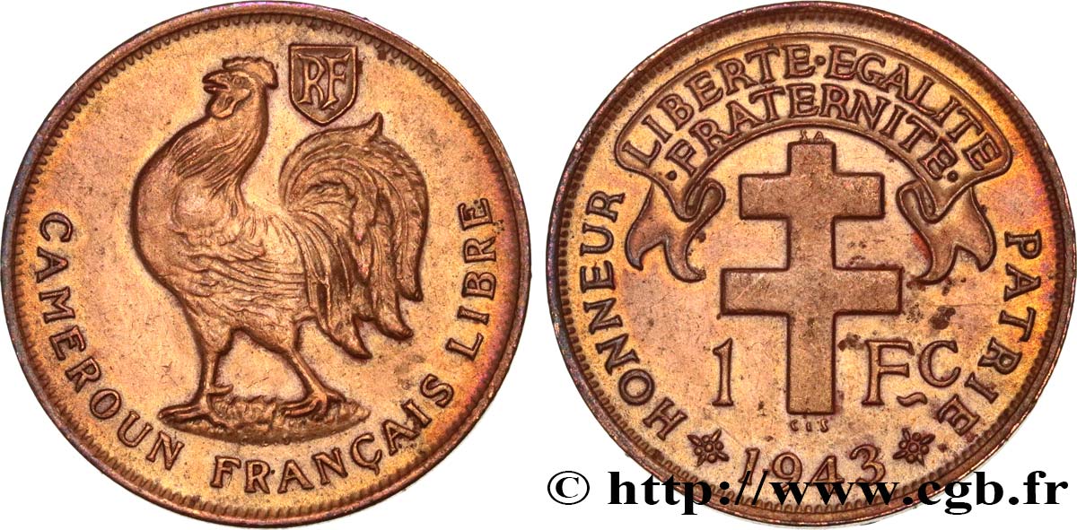 CAMEROUN - TERRITOIRES SOUS MANDAT FRANÇAIS 1 Franc ‘Cameroun Français Libre’ 1943 Prétoria TTB+ 