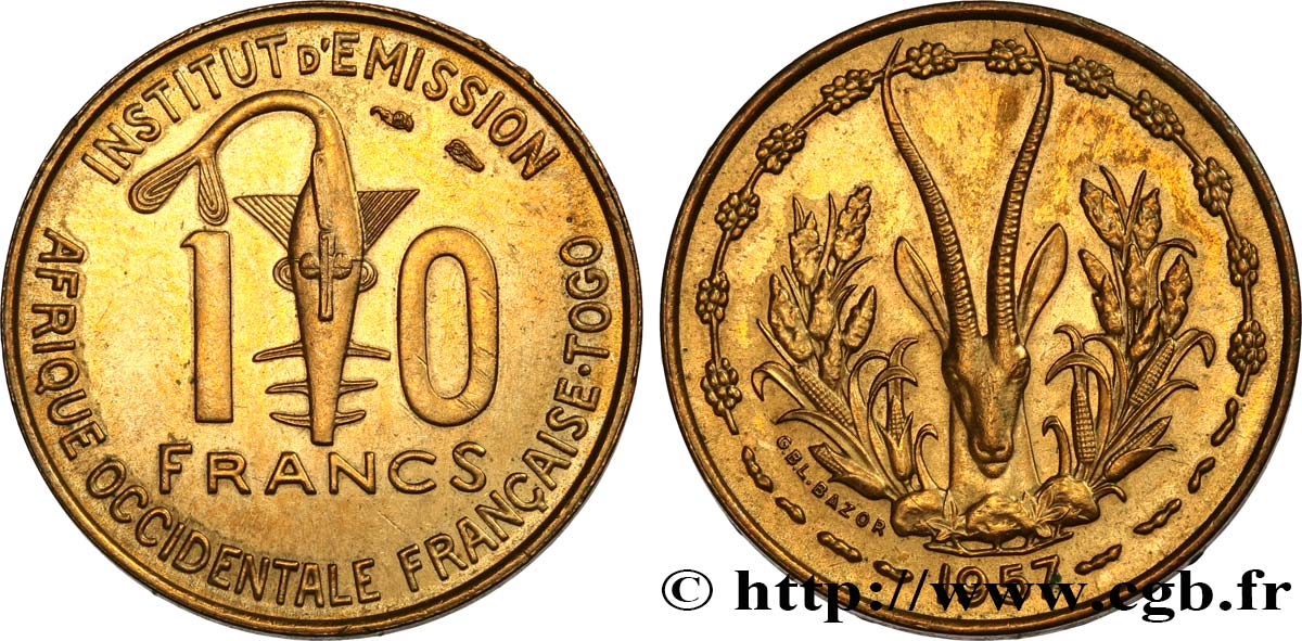AFRICA FRANCESA DEL OESTE - TOGO 10 Francs masque / antilope 1957 Paris EBC 