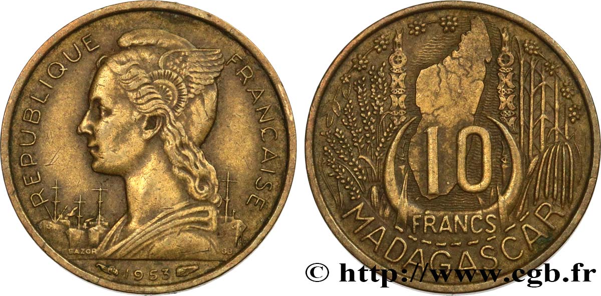 MADAGASCAR - UNION FRANCESE 10 Francs 1953 Paris q.BB 