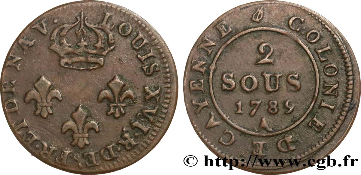 GUYANA FRANCESE 2 Sous colonie de Cayenne 2e type 1789 Paris - A q.BB 