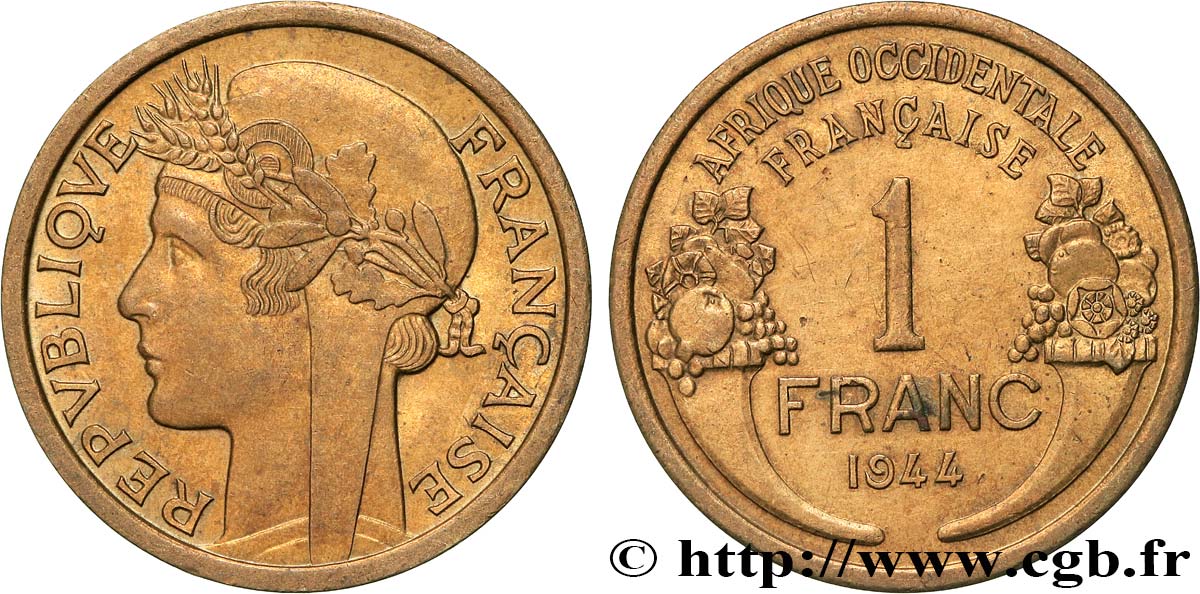 FRANZÖSISCHE WESTAFRIKA 1 Franc Morlon 1944 Londres VZ 