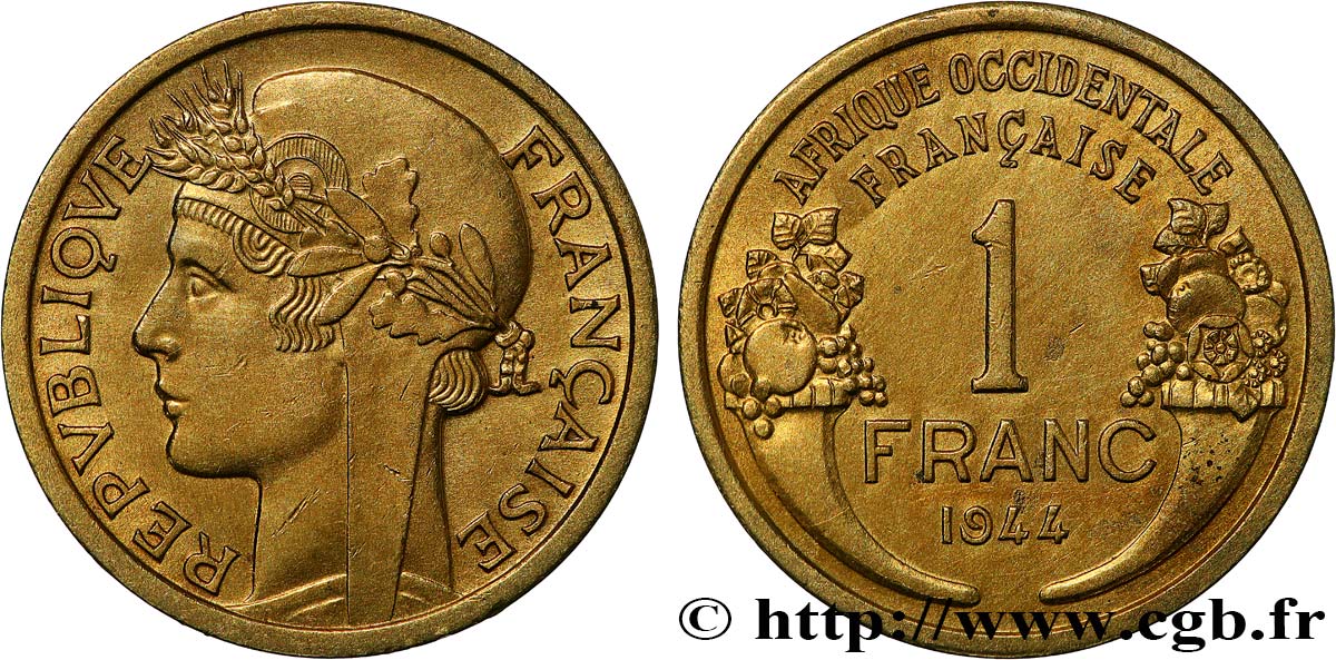 FRANZÖSISCHE WESTAFRIKA 1 Franc Morlon 1944 Londres VZ 
