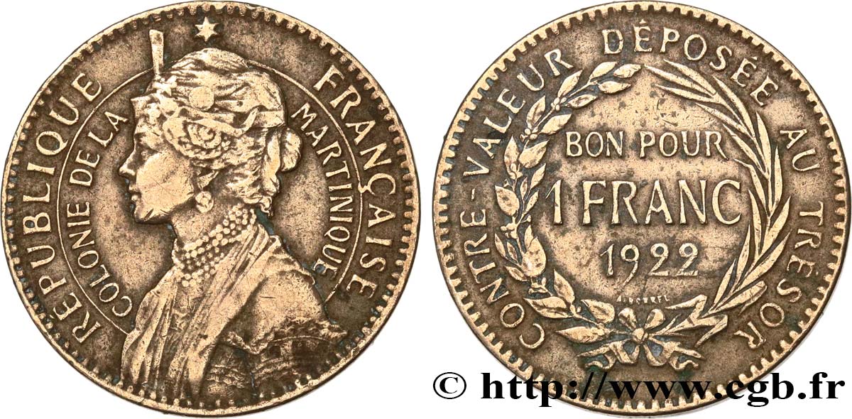 MARTINIQUE 1 Franc 1922 sans atelier VF 