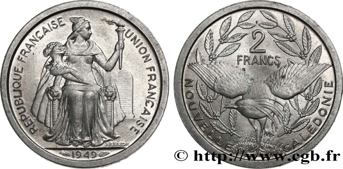 NUOVA CALEDONIA 2 Francs Union Française 1949 Paris MS 
