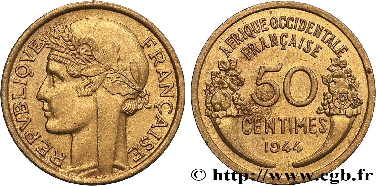 AFRICA OCCIDENTALE FRANCESA  50 Centimes Morlon 1944 Londres SPL 