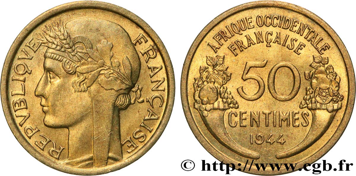 AFRICA FRANCESA DEL OESTE 50 Centimes Morlon 1944 Londres EBC 