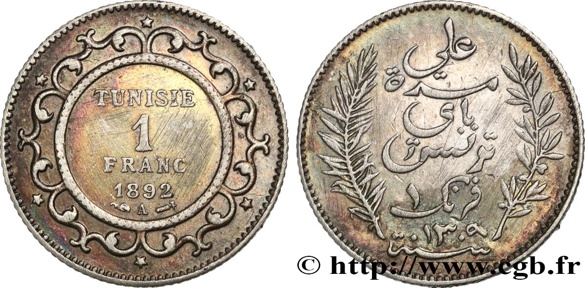 TUNISIA - French protectorate 1 Franc AH1309 1892 Paris XF 