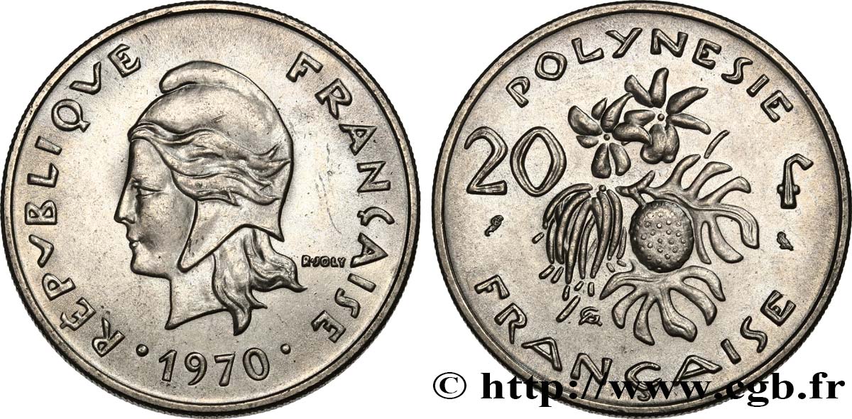 POLINESIA FRANCESE 20 Francs Marianne  1970 Paris SPL+ 