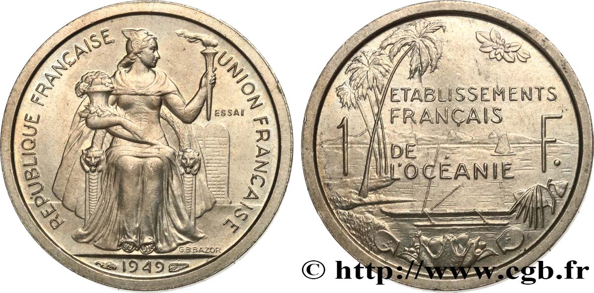 FRANZÖSISCHE POLYNESIA - Franzözische Ozeanien Essai de 1 Franc Établissements français de l’Océanie 1949 Paris fST 