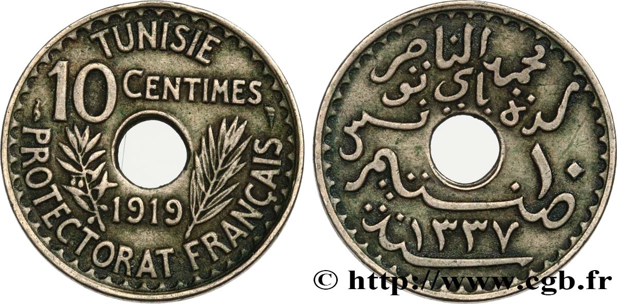 TUNESIEN - Französische Protektorate  10 Centimes AH 1337 1919 Paris SS 