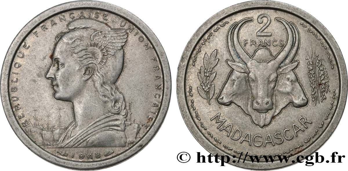 MADAGASCAR French Union 2 Francs 1948 Paris AU 