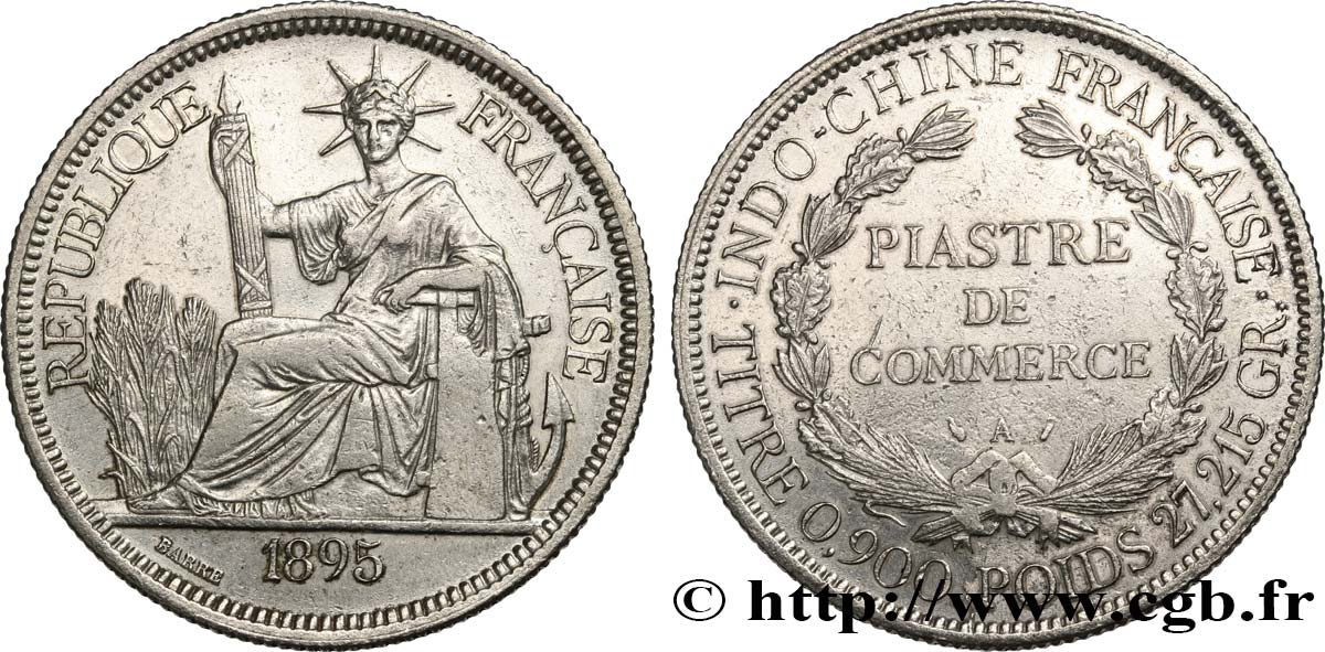 FRENCH INDOCHINA 1 Piastre de Commerce 1895 Paris AU 