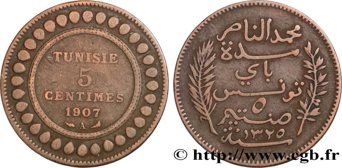 TUNISIA - Protettorato Francese 5 Centimes AH1325 1907 Paris q.BB 